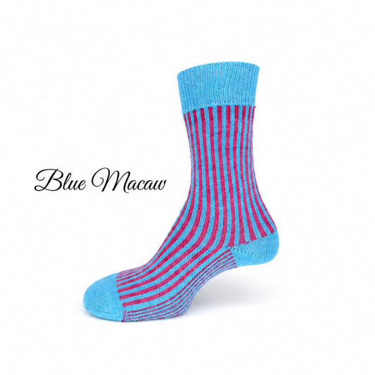Blue and pink striped sock on a white background with 'Blue Macaw' branding.
