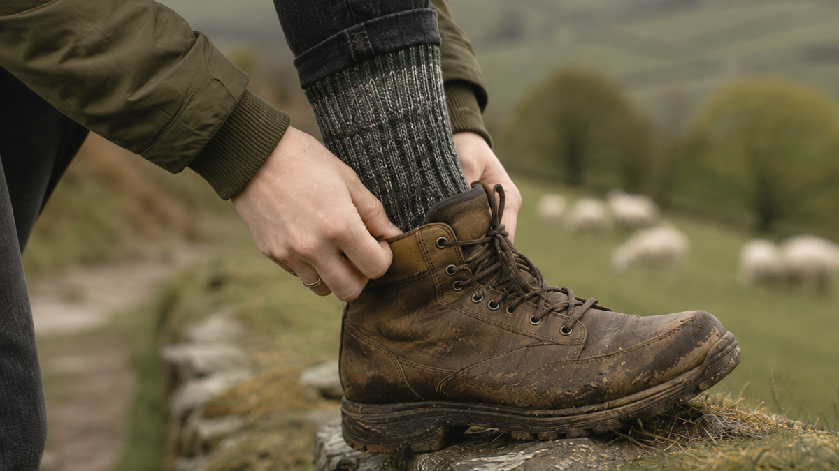 A person wearing a dark brown leather lace-up boot and a gray ribbed sock, adjusting the boot while standing on a stone wall in a rural landscape with sheep in the background.