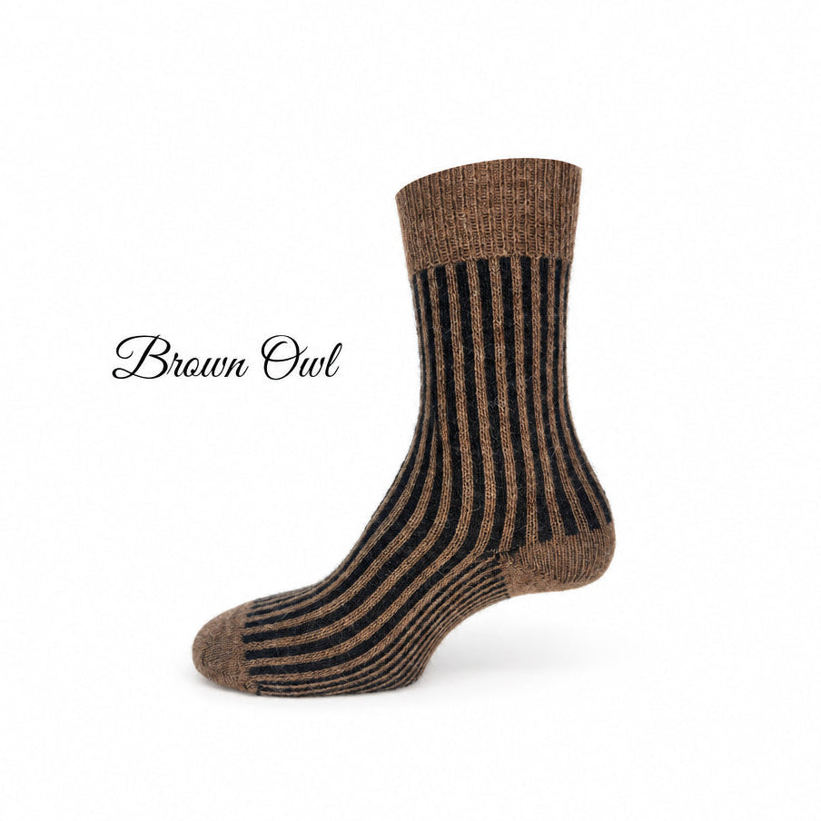 Brown and black striped sock on a white background with 'Brown Owl' branding.