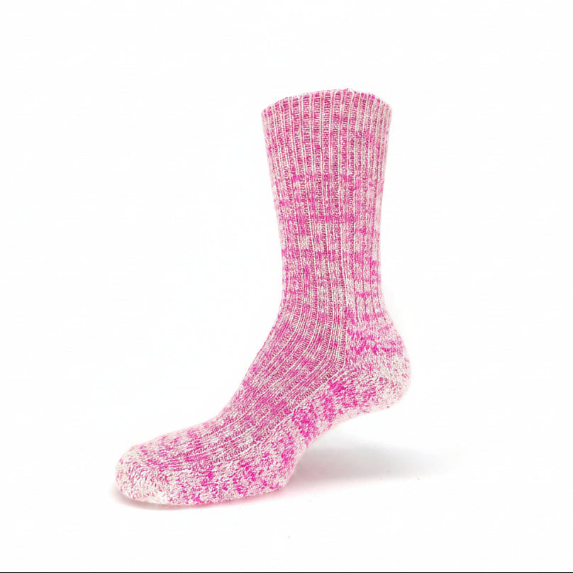 A single crew sock with a vibrant pink and white heathered knit pattern, shown on a clean white background.
